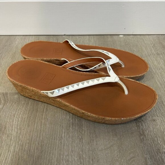 Fitflop Linny Zig Zag Toe Post Cork Wedge Sandals Flip Flop White Tan Size 10 - Picture 3 of 6
